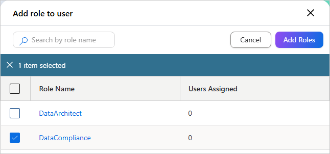 The Add role to user pane with the DataCompliance role selected and the Add Roles button