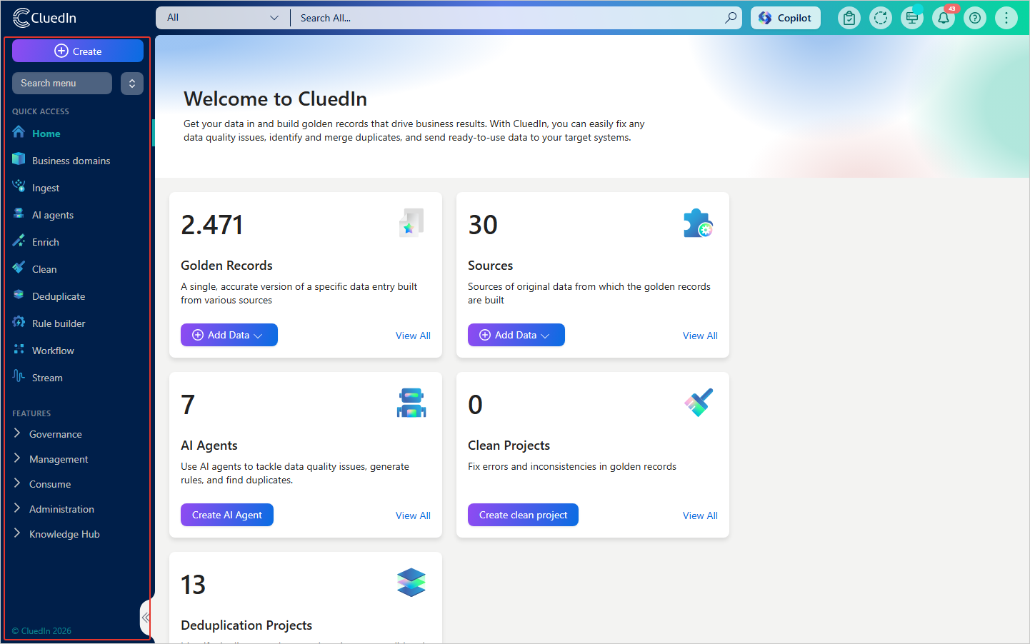 The CluedIn home page with the side navigation menu on the left highlighted