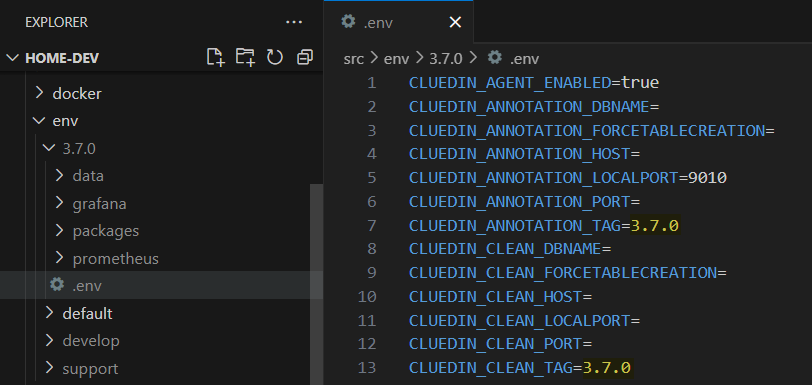 The .env file of a local environment open in an editor, with CLUEDIN_ANNOTATION_TAG and CLUEDIN_CLEAN_TAG set to 3.7.0