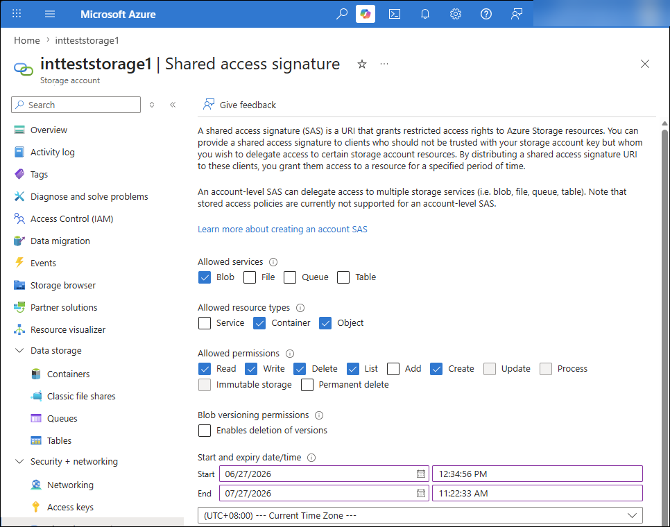 Azure portal Shared access signature page with Blob service, Container and Object resource types, and Read, Write, Delete, List and Create permissions selected