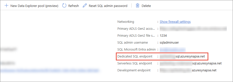 Azure Synapse workspace Overview page with the Dedicated SQL endpoint value highlighted