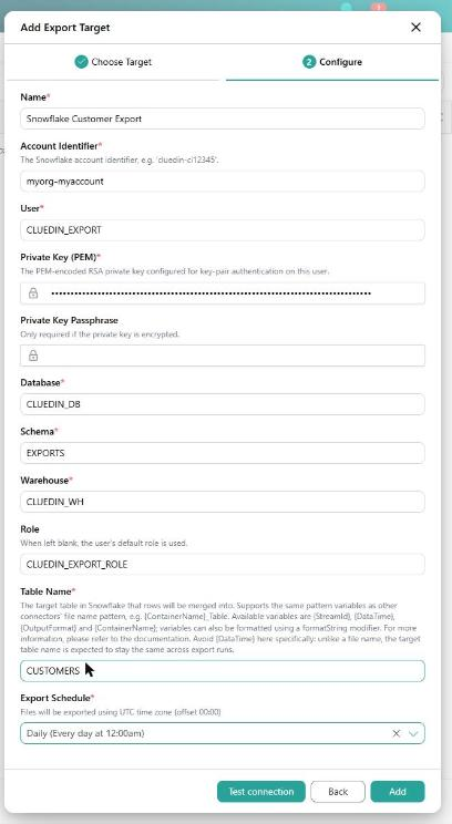Configure tab of the Add Export Target pane with Name, Account Identifier, User, Private Key, Database, Schema, Warehouse, Role, Table Name, and Export Schedule filled in