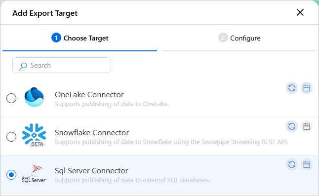 Choose Target tab of the Add Export Target pane with Sql Server Connector selected