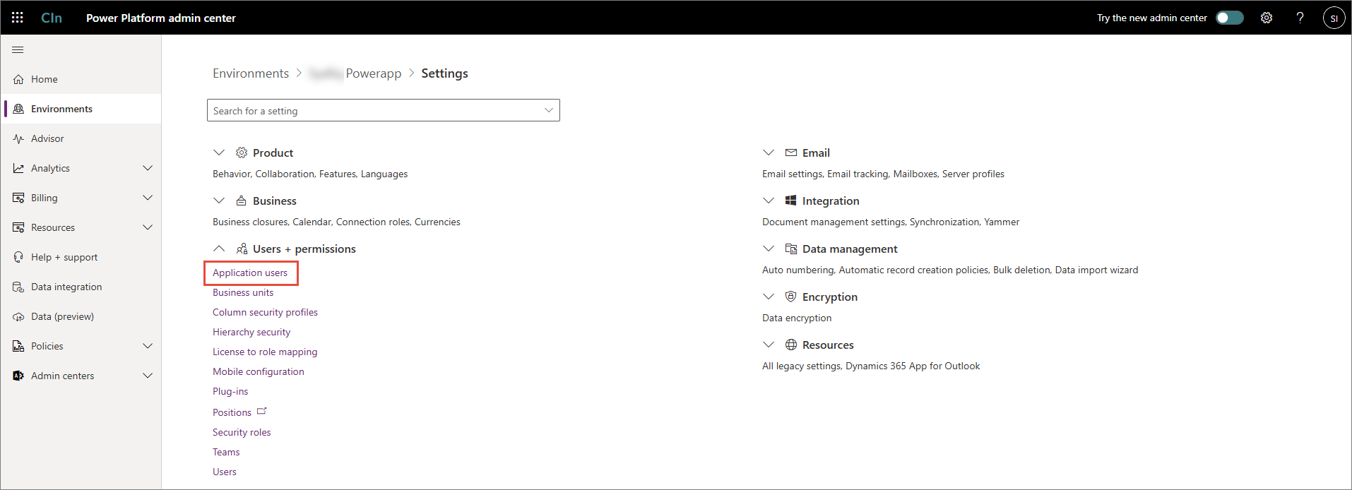 Environment Settings page with Users + permissions expanded and Application users highlighted