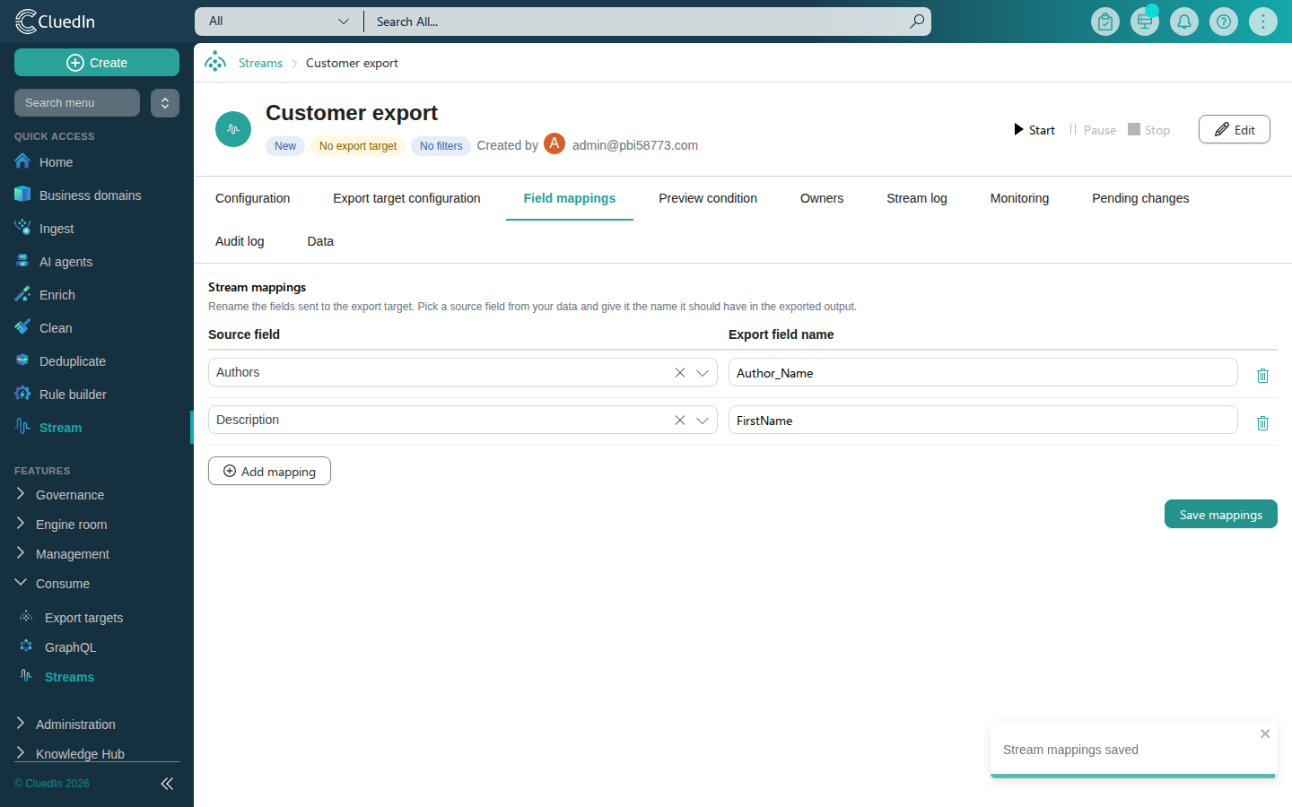 The Field mappings tab with two mappings, Authors to Author_Name and Description to FirstName, and a Stream mappings saved message