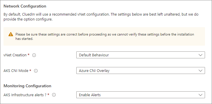 Network and Monitoring tab with vNet Creation Default Behaviour, AKS CNI Mode Azure CNI Overlay, and AKS Infrastructure alerts set to Enable Alerts