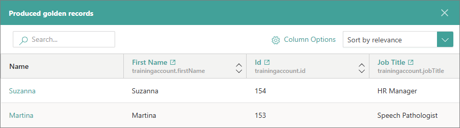Produced golden records pane listing the golden records generated from a request, with search and Column Options