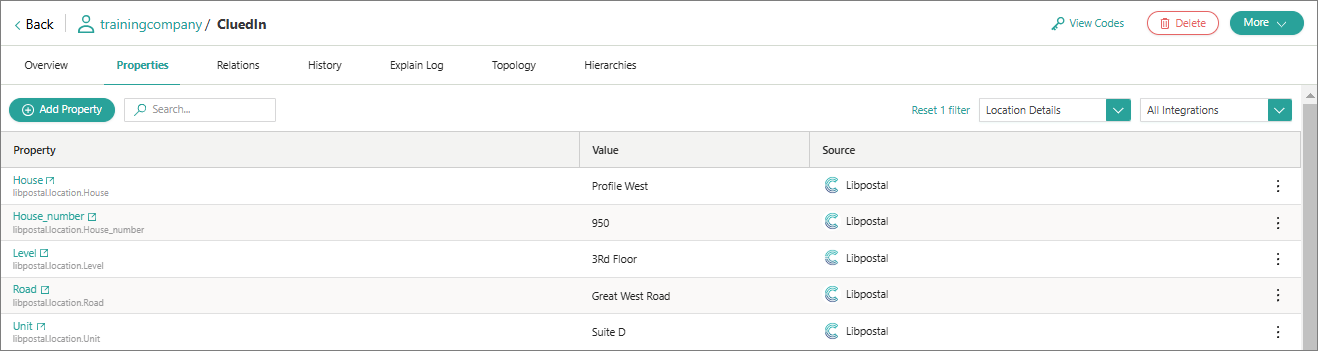 Golden record Properties tab showing Libpostal parsed address properties: House, House_number, Level, Road and Unit
