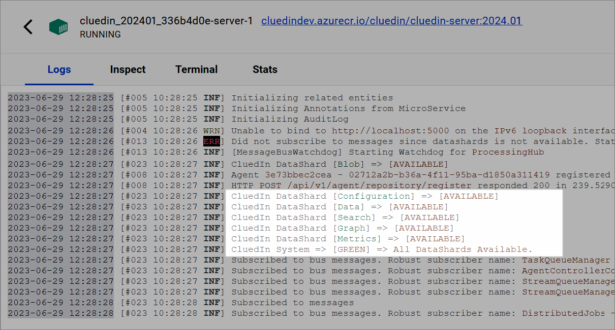 Docker Desktop logs of the CluedIn server container, with all DataShards AVAILABLE and CluedIn System GREEN highlighted