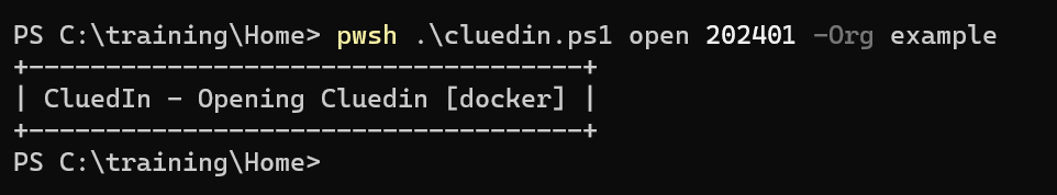 Terminal output of pwsh .\cluedin.ps1 open 202401 -Org example, showing CluedIn - Opening Cluedin