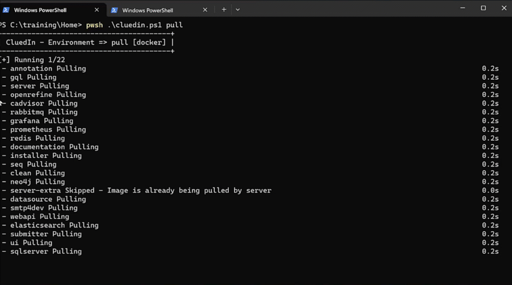 Animation: terminal running pwsh .\cluedin.ps1 pull, with each CluedIn image such as server, ui and sqlserver shown as Pulling