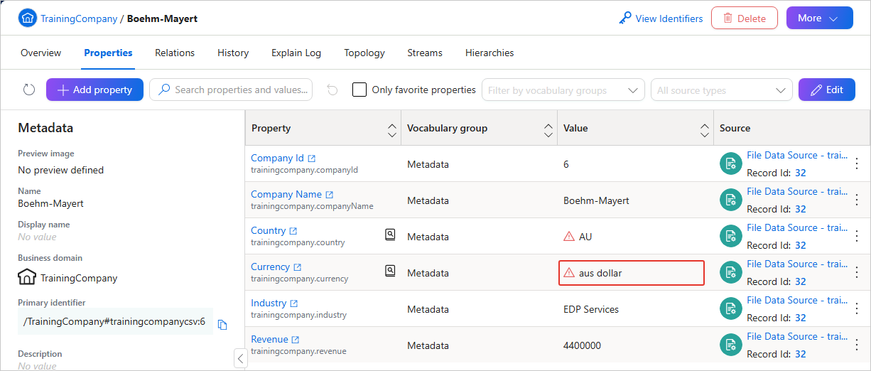 Golden record Properties tab where the Currency value aus dollar and the Country value AU are flagged with warning icons as invalid