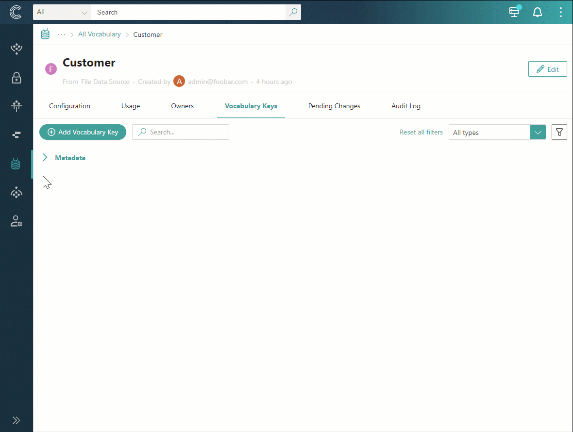 Animation: the Vocabulary Keys tab of the Customer vocabulary, expanding a key group and using the search box and data type filter