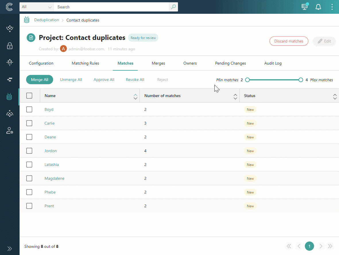 Animation: sorting groups of duplicates by the Name and Number of matches columns and adjusting the Min matches to Max matches slider