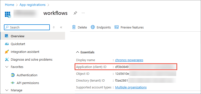 Azure app registration Overview page with the Application (client) ID highlighted under Essentials