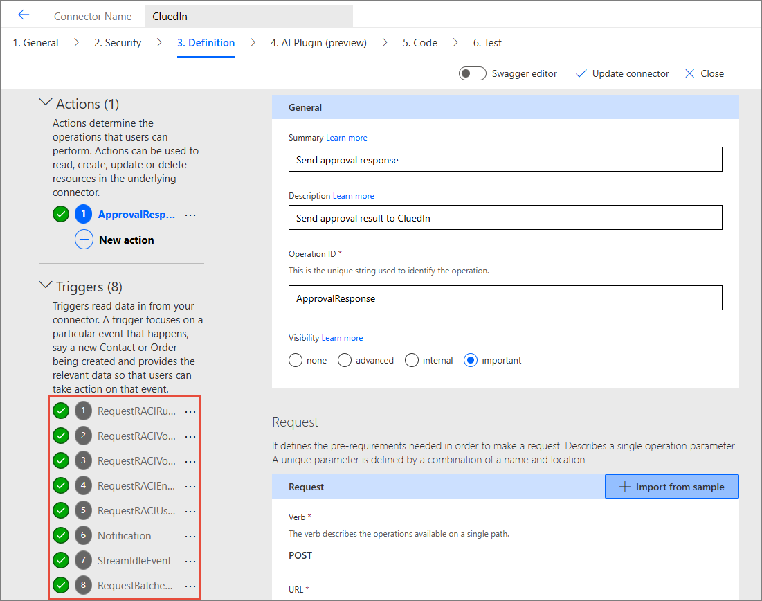 The custom connector Definition tab, with all eight triggers in the Triggers section marked with green checkmarks