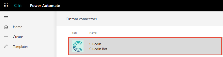 The Custom connectors page in Power Automate, with the CluedIn connector highlighted
