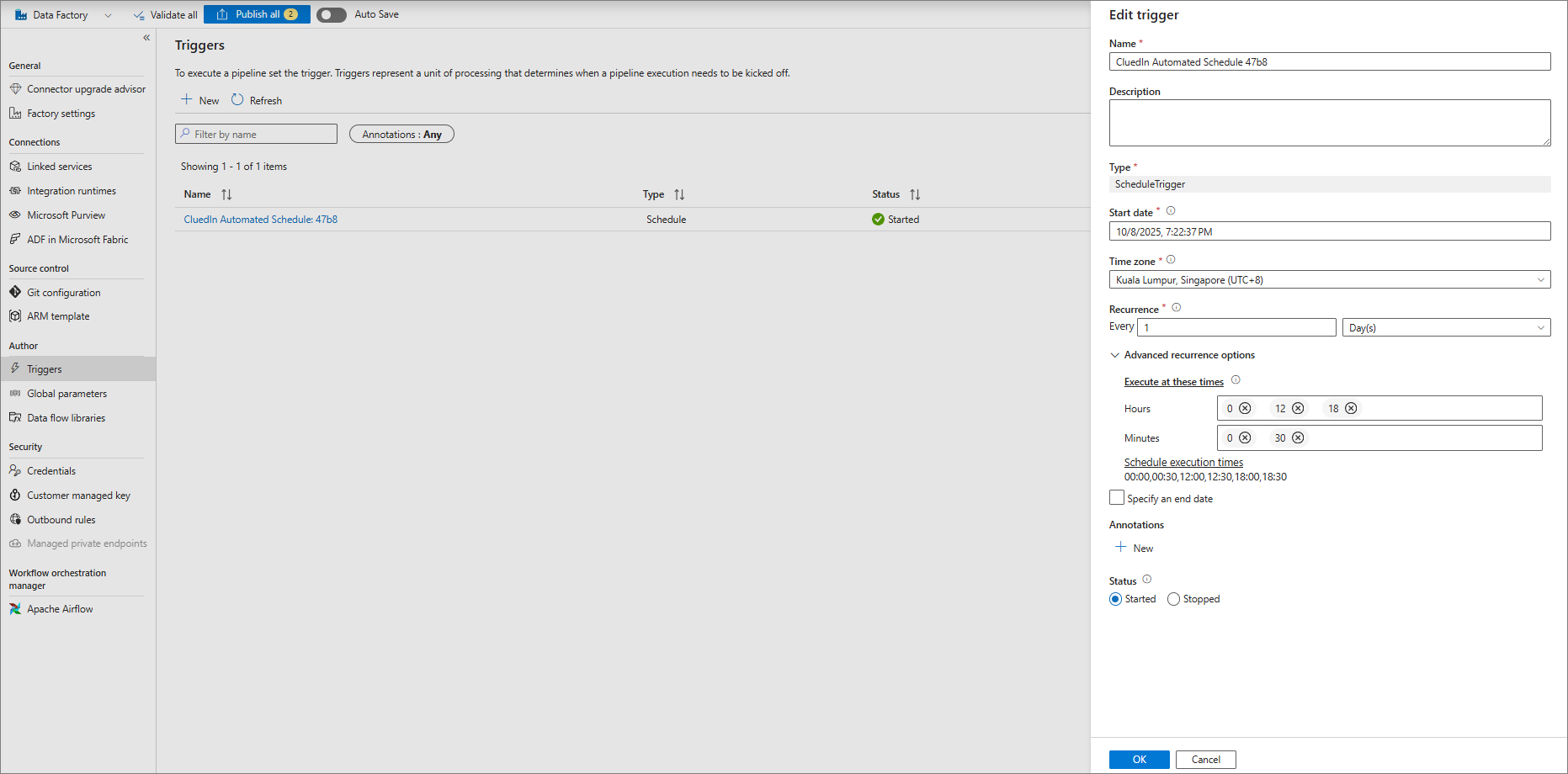 The Azure Data Factory Triggers list with a started CluedIn Automated Schedule trigger and its Edit trigger pane showing daily recurrence