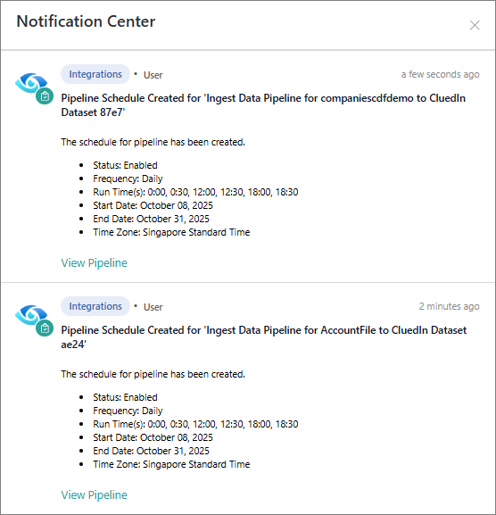 CluedIn Notification Center with Pipeline Schedule Created messages listing status, frequency, run times, dates and time zone