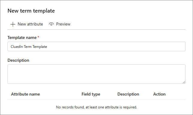 Purview New term template pane with Template name CluedIn Term Template and a New attribute button