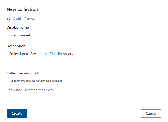 The Purview New collection pane with the Display name cluedIn-assets and a description entered