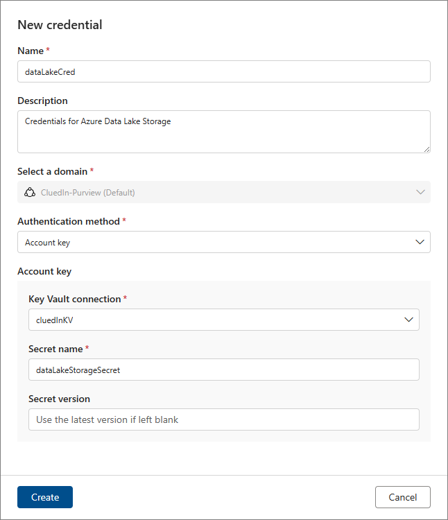 The New credential pane with the Key Vault connection cluedInKV and the Secret name dataLakeStorageSecret filled in