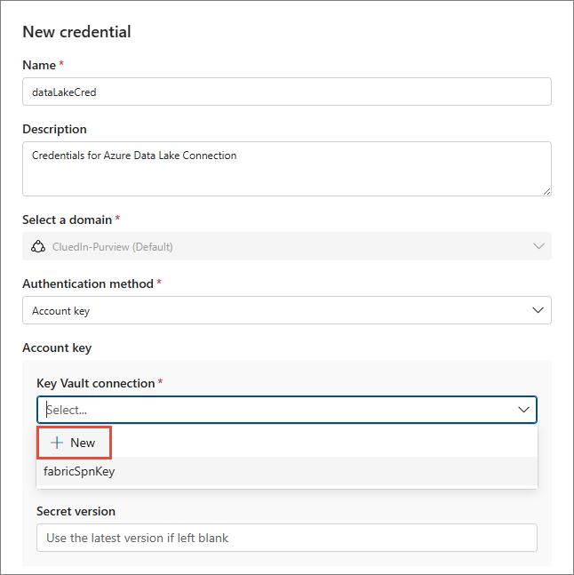 The New credential pane with Account key authentication and the Key Vault connection dropdown open on + New