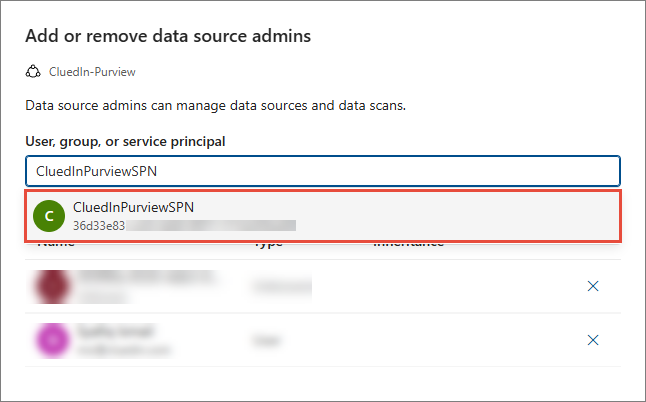 The Add or remove data source admins pane with the CluedInPurviewSPN service principal found and highlighted