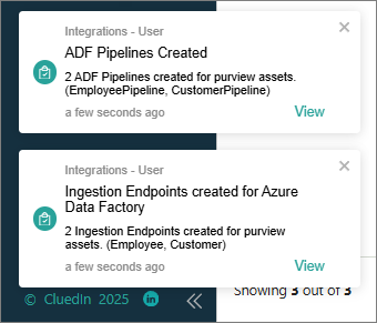 CluedIn notifications: ADF Pipelines Created for EmployeePipeline and CustomerPipeline, and Ingestion Endpoints created for Azure Data Factory