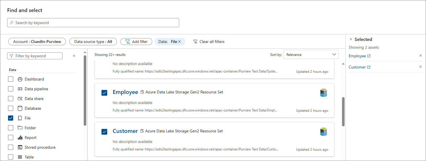 The Find and select pane with the Employee and Customer Azure Data Lake Storage Gen2 assets selected