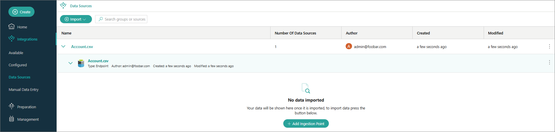 The Data Sources page in CluedIn with an Account.csv group containing the Account.csv endpoint data source, with no data imported yet