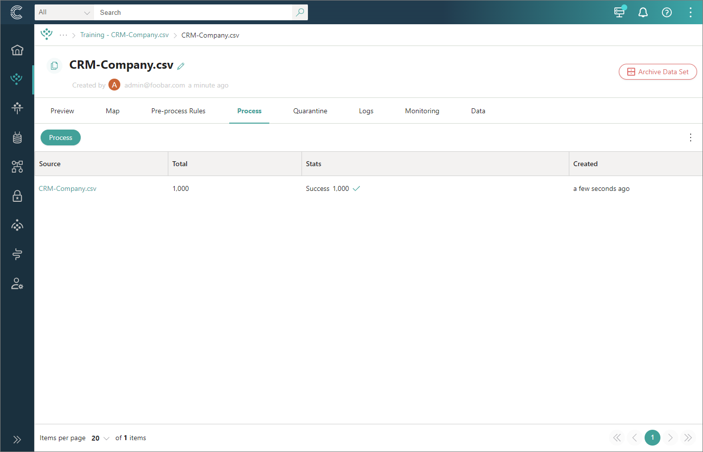 The Process tab of the CRM-Company.csv data set, showing 1,000 records processed with Success 1,000