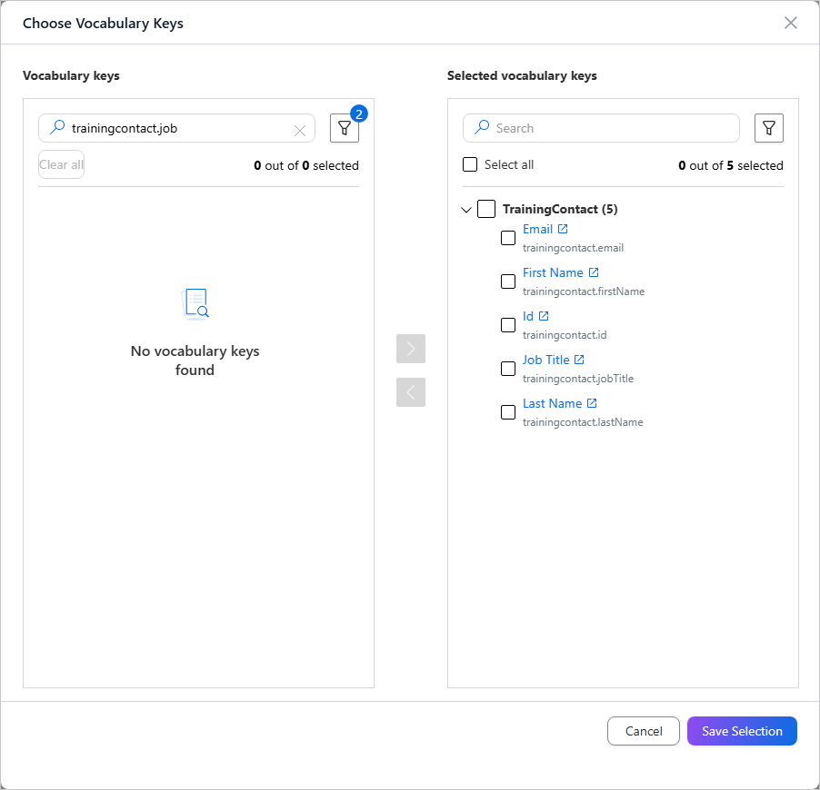 Choose Vocabulary Keys dialog with a key search on the left and five selected TrainingContact vocabulary keys on the right, and a Save Selection button