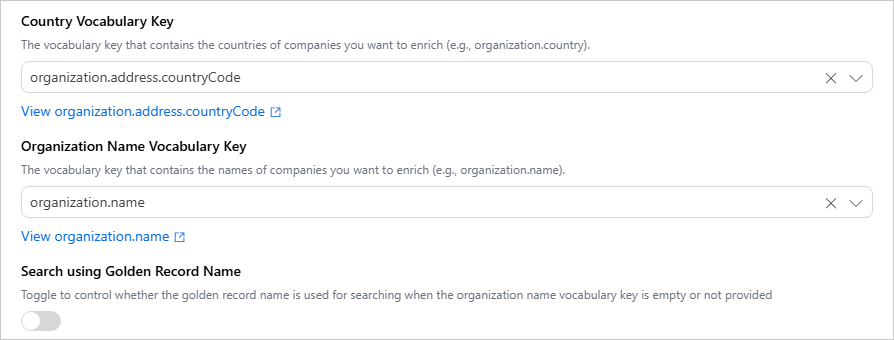 Configure tab with Country Vocabulary Key, Organization Name Vocabulary Key, and the Search using Golden Record Name toggle turned off