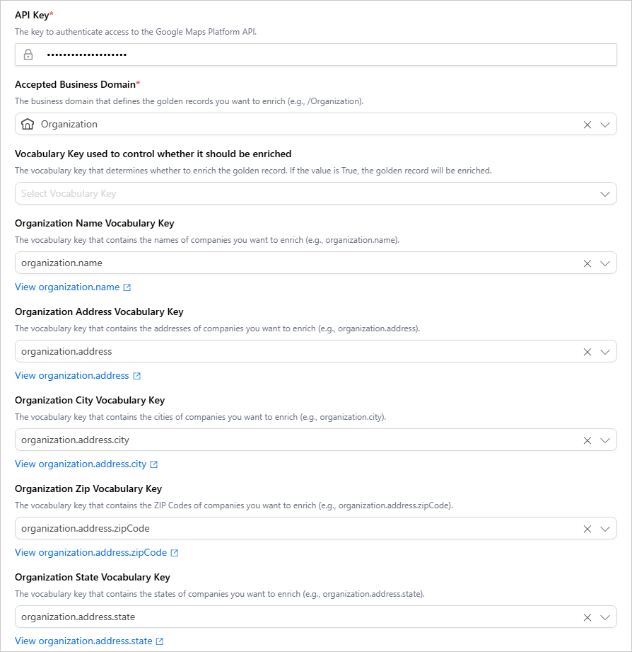 Google Maps enricher configuration: API Key, Accepted Business Domain Organization, the control vocabulary key, and organization name, address, city, zip and state keys