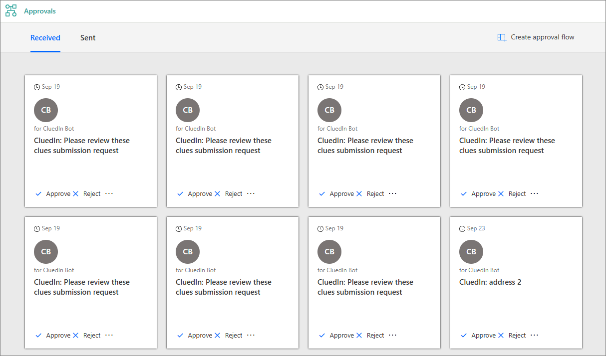 Approvals page on the Received tab, showing request cards from CluedIn Bot, each with Approve and Reject buttons